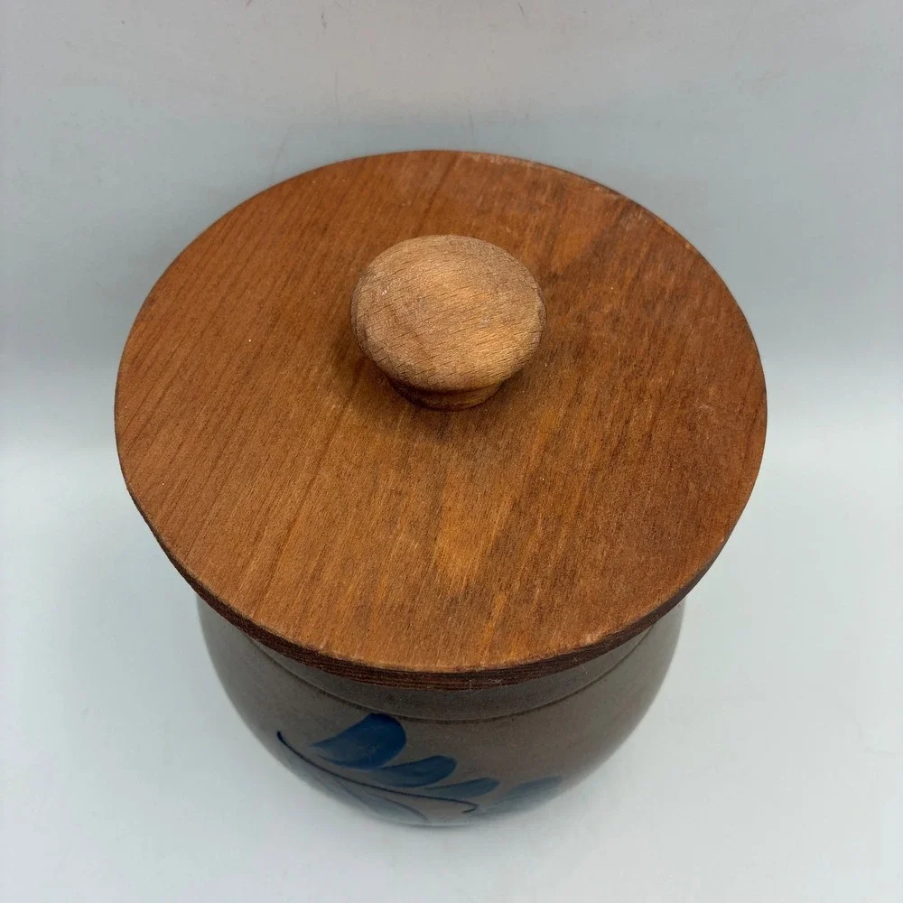Eldreth Pottery Salt Glazed Stoneware Crock 1992 Wood Lid Blue Cobalt Leaf PA